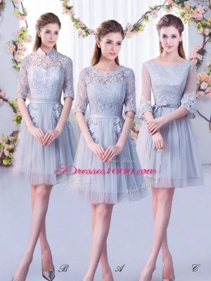 Glamorous Grey Empire Scoop Half Sleeves Tulle Mini Length Lace Up Lace Dama Dress