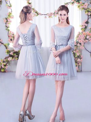 Glamorous Grey Empire Scoop Half Sleeves Tulle Mini Length Lace Up Lace Dama Dress