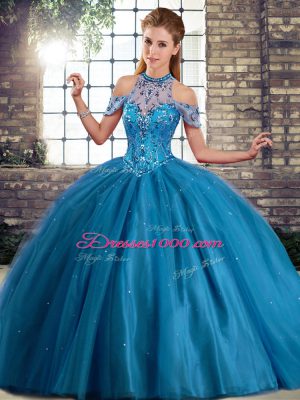 Delicate Blue Quince Ball Gowns Tulle Brush Train Sleeveless Beading