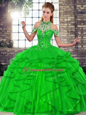 Beauteous Floor Length Green 15th Birthday Dress Tulle Sleeveless Beading and Ruffles