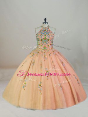 Noble Appliques and Embroidery Vestidos de Quinceanera Peach Lace Up Sleeveless Brush Train