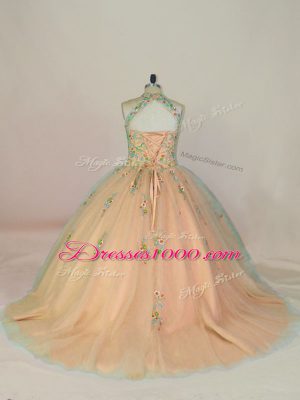 Noble Appliques and Embroidery Vestidos de Quinceanera Peach Lace Up Sleeveless Brush Train