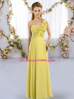 Fashion Yellow Green One Shoulder Neckline Hand Made Flower Bridesmaid Dresses Sleeveless Lace Up