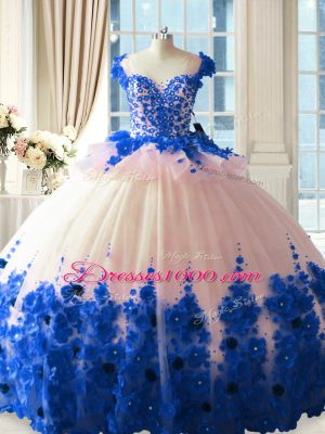 Blue And White Sleeveless Hand Made Flower Zipper Quince Ball Gowns