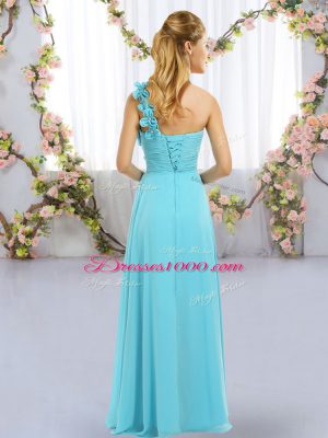 Shining Floor Length Turquoise Court Dresses for Sweet 16 One Shoulder Sleeveless Lace Up