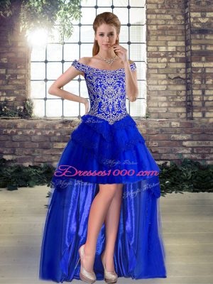 Royal Blue Lace Up Pageant Dress for Girls Beading and Lace Sleeveless High Low