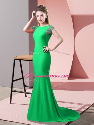 Short Sleeves Beading Backless with Green Brush Train