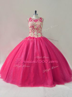 Graceful Floor Length Lace Up Quinceanera Dress Hot Pink for Sweet 16 and Quinceanera with Appliques
