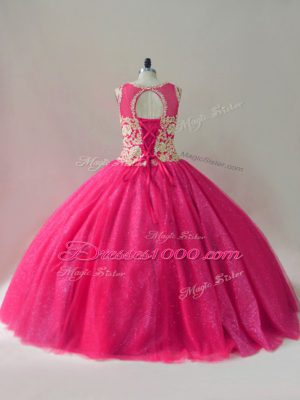 Graceful Floor Length Lace Up Quinceanera Dress Hot Pink for Sweet 16 and Quinceanera with Appliques