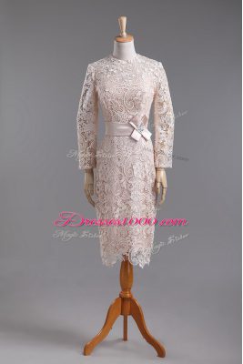 Elegant Column/Sheath Prom Party Dress Champagne High-neck Lace Long Sleeves Tea Length Zipper