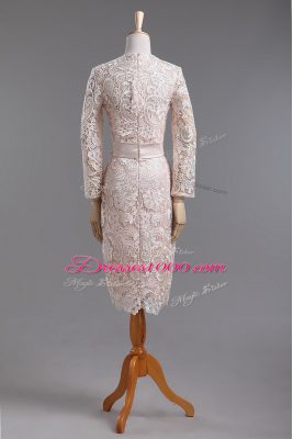 Elegant Column/Sheath Prom Party Dress Champagne High-neck Lace Long Sleeves Tea Length Zipper