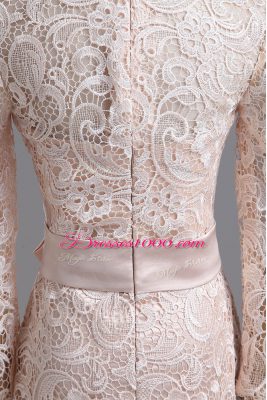 Elegant Column/Sheath Prom Party Dress Champagne High-neck Lace Long Sleeves Tea Length Zipper