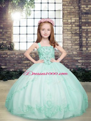 Low Price Apple Green Straps Neckline Beading Kids Pageant Dress Sleeveless Lace Up