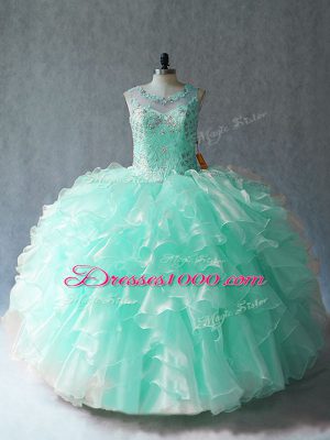 Custom Made Apple Green Ball Gowns Organza Scoop Sleeveless Beading and Ruffles Floor Length Lace Up Quince Ball Gowns