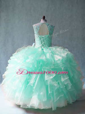 Custom Made Apple Green Ball Gowns Organza Scoop Sleeveless Beading and Ruffles Floor Length Lace Up Quince Ball Gowns