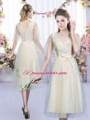 Top Selling Champagne V-neck Neckline Lace and Bowknot Dama Dress Sleeveless Lace Up