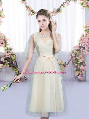 Top Selling Champagne V-neck Neckline Lace and Bowknot Dama Dress Sleeveless Lace Up