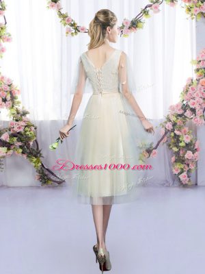 Top Selling Champagne V-neck Neckline Lace and Bowknot Dama Dress Sleeveless Lace Up