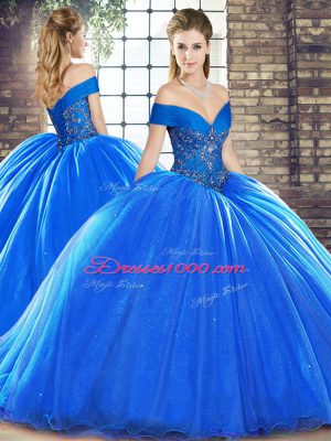 Custom Made Organza Off The Shoulder Sleeveless Brush Train Lace Up Beading Quinceanera Gowns in Royal Blue