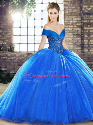 Custom Made Organza Off The Shoulder Sleeveless Brush Train Lace Up Beading Quinceanera Gowns in Royal Blue
