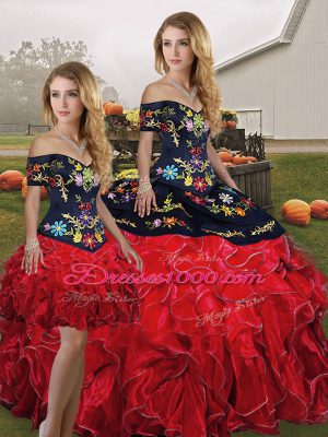 Designer Red And Black Sleeveless Floor Length Embroidery and Ruffles Lace Up Sweet 16 Dresses