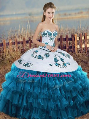 Glorious Floor Length Blue And White Sweet 16 Quinceanera Dress Organza Sleeveless Embroidery and Ruffled Layers and Bowknot