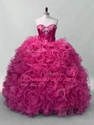 Fashionable Hot Pink Lace Up Sweetheart Ruffles and Sequins Sweet 16 Dress Organza Sleeveless