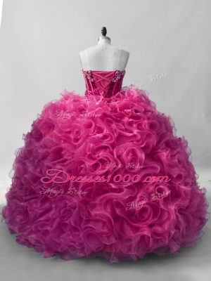 Fashionable Hot Pink Lace Up Sweetheart Ruffles and Sequins Sweet 16 Dress Organza Sleeveless