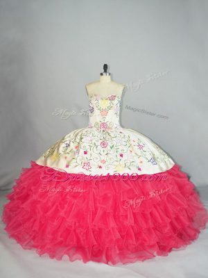 Stunning Floor Length Lace Up 15 Quinceanera Dress White And Red for Sweet 16 and Quinceanera with Embroidery and Ruffles