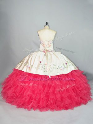 Stunning Floor Length Lace Up 15 Quinceanera Dress White And Red for Sweet 16 and Quinceanera with Embroidery and Ruffles