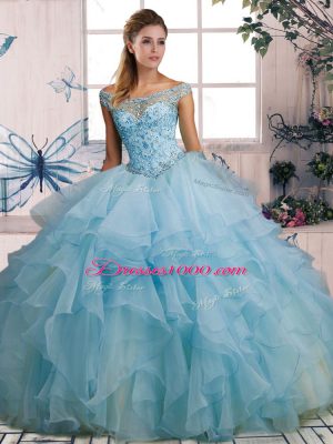 Admirable Light Blue Sleeveless Beading and Ruffles Floor Length Quinceanera Dresses