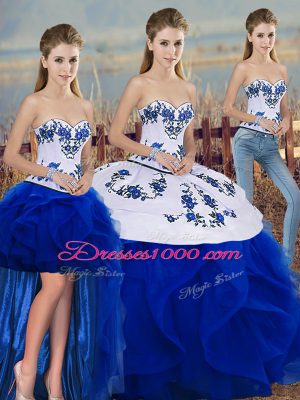 Vintage Royal Blue Three Pieces Embroidery and Ruffles and Bowknot Quinceanera Gown Lace Up Tulle Sleeveless Floor Length
