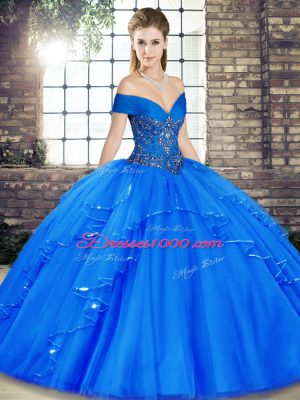 Cute Royal Blue Sleeveless Tulle Lace Up Quinceanera Gowns for Military Ball and Sweet 16 and Quinceanera