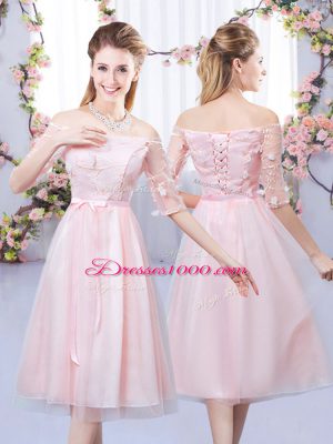 Baby Pink Off The Shoulder Lace Up Lace and Belt Court Dresses for Sweet 16 Half Sleeves