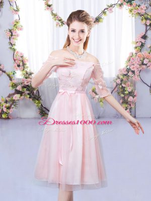 Baby Pink Off The Shoulder Lace Up Lace and Belt Court Dresses for Sweet 16 Half Sleeves