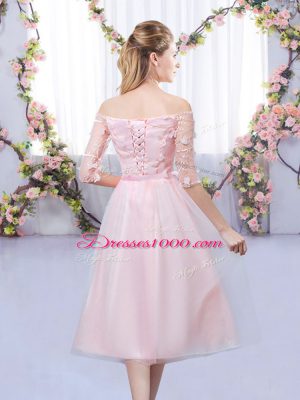 Baby Pink Off The Shoulder Lace Up Lace and Belt Court Dresses for Sweet 16 Half Sleeves