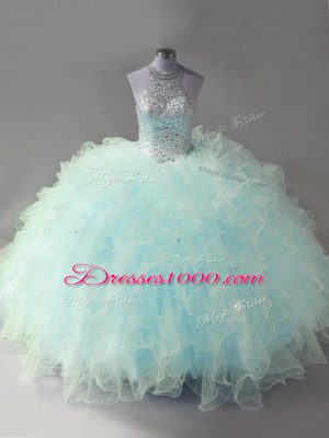 Beading and Ruffles Quinceanera Gowns Light Blue Lace Up Sleeveless Floor Length