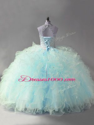 Beading and Ruffles Quinceanera Gowns Light Blue Lace Up Sleeveless Floor Length