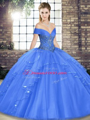 Blue Ball Gowns Beading and Ruffles Quinceanera Dresses Lace Up Tulle Sleeveless Floor Length