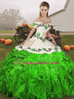 Delicate Floor Length Green Quinceanera Dresses Off The Shoulder Sleeveless Lace Up