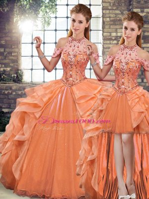 Fantastic Orange Organza Lace Up Halter Top Sleeveless Floor Length Quinceanera Gown Beading and Ruffles