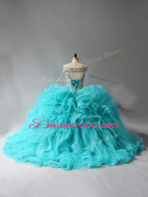 Unique Organza Sleeveless 15th Birthday Dress Brush Train and Beading and Ruffles