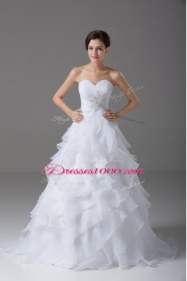 A-line Sleeveless White Bridal Gown Brush Train Lace Up