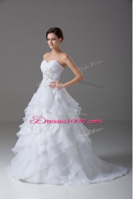 A-line Sleeveless White Bridal Gown Brush Train Lace Up