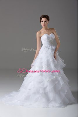 A-line Sleeveless White Bridal Gown Brush Train Lace Up