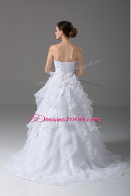 A-line Sleeveless White Bridal Gown Brush Train Lace Up