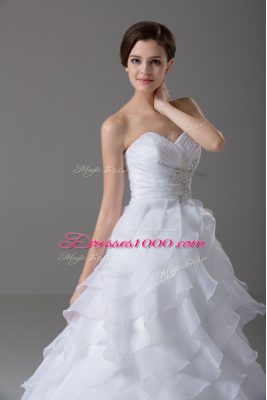 A-line Sleeveless White Bridal Gown Brush Train Lace Up