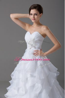 A-line Sleeveless White Bridal Gown Brush Train Lace Up