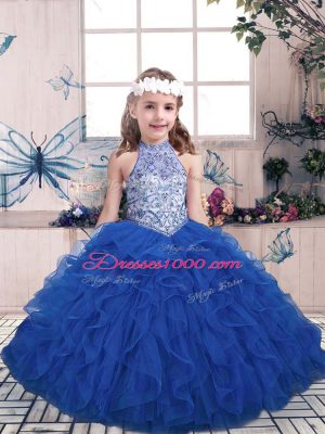 Sleeveless Tulle Floor Length Lace Up Little Girls Pageant Gowns in Blue with Beading and Ruffles