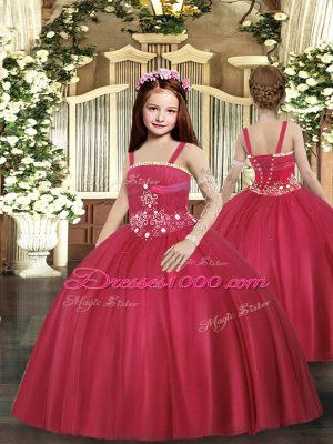 Floor Length Lace Up Little Girl Pageant Dress Red for Party and Sweet 16 and Wedding Party with Beading